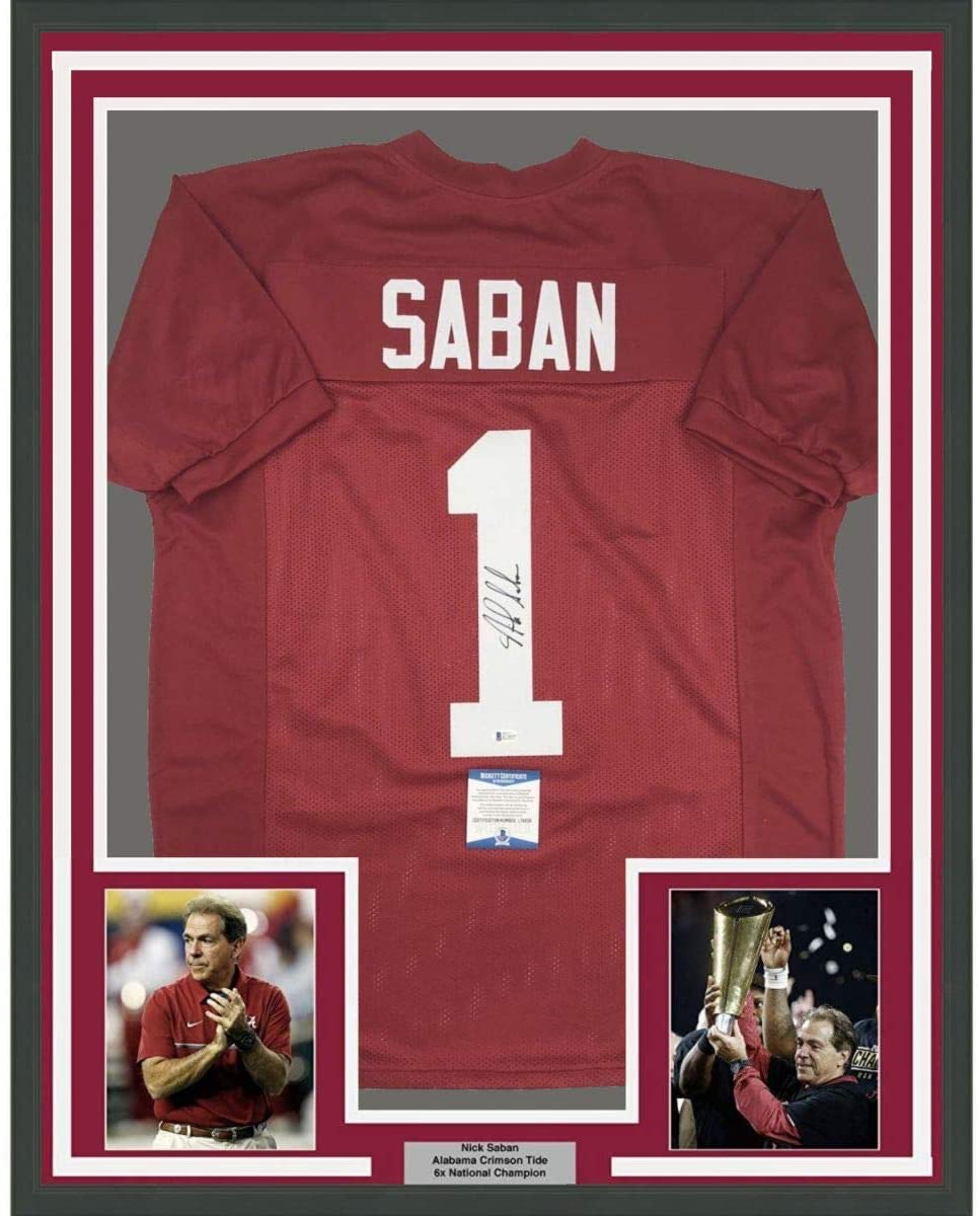 Framed Autographed/Signed Nick Saban 35x39 Alabama Red College Football Jersey Beckett BAS COA
