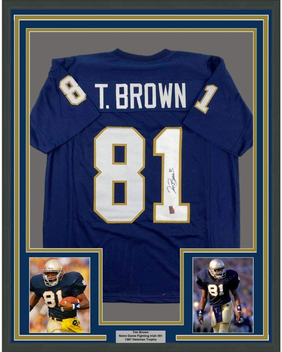 Framed Autographed/Signed Tim Brown 35x39 Notre Dame Blue College Football Jersey GTSM COA Holo Only