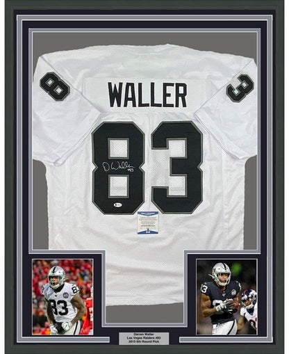 Framed Autographed/Signed Darren Waller 35x39 Las Vegas Oakland White Football Jersey Beckett BAS COA