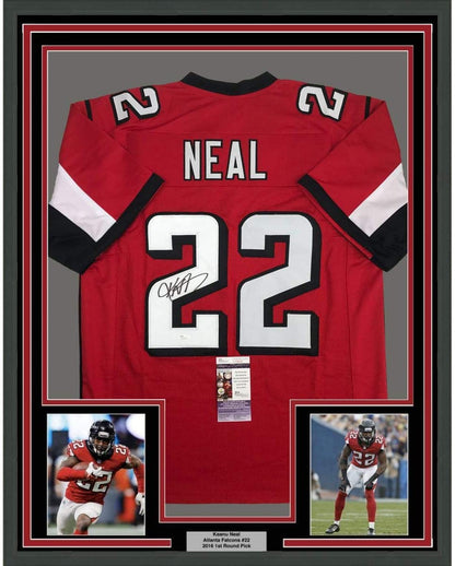 Framed Autographed/Signed Keanu Neal 35x39 Atlanta Red Football Jersey JSA COA