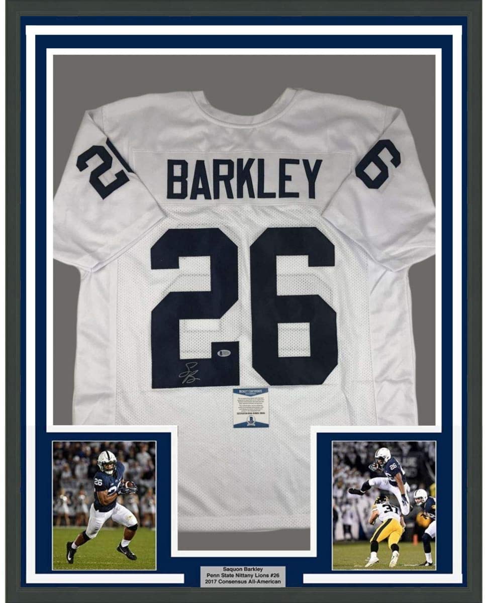 Framed Autographed/Signed Saquon Barkley 35x39 Penn State White College Football Jersey Beckett BAS COA