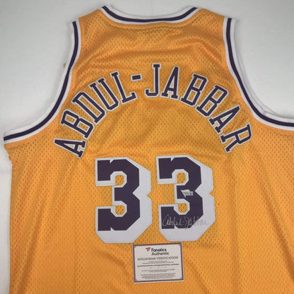 Autographed/Signed Kareem Abdul-Jabbar Los Angeles LA Yellow Basketball Jersey Fanatics COA