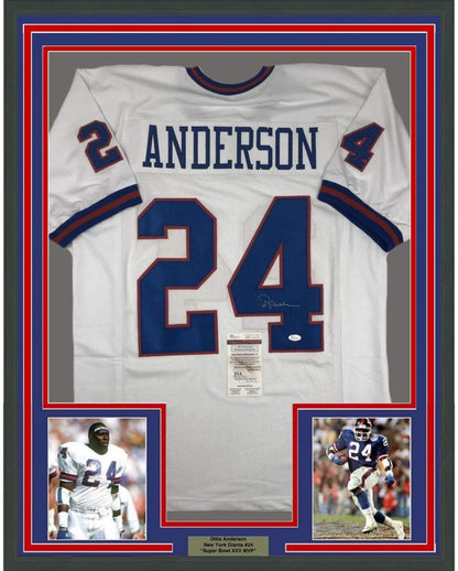Framed Autographed/Signed Ottis Anderson 35x39 New York White Football Jersey JSA COA