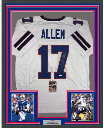 Framed Autographed/Signed Josh Allen 35x39 Buffalo White Football Jersey JSA COA