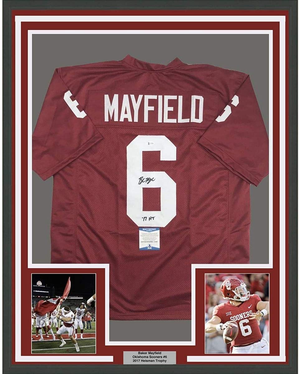Framed Autographed/Signed Baker Mayfield"17 HT" 35x39 Oklahoma Sooners Crimson Red College Football Jersey JSA COA