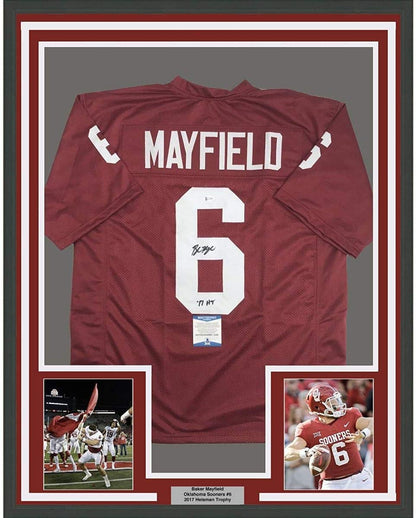 Framed Autographed/Signed Baker Mayfield"17 HT" 35x39 Oklahoma Sooners Crimson Red College Football Jersey JSA COA