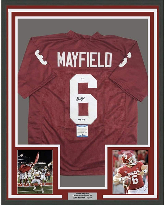 Framed Autographed/Signed Baker Mayfield"17 HT" 35x39 Oklahoma Sooners Crimson Red College Football Jersey JSA COA