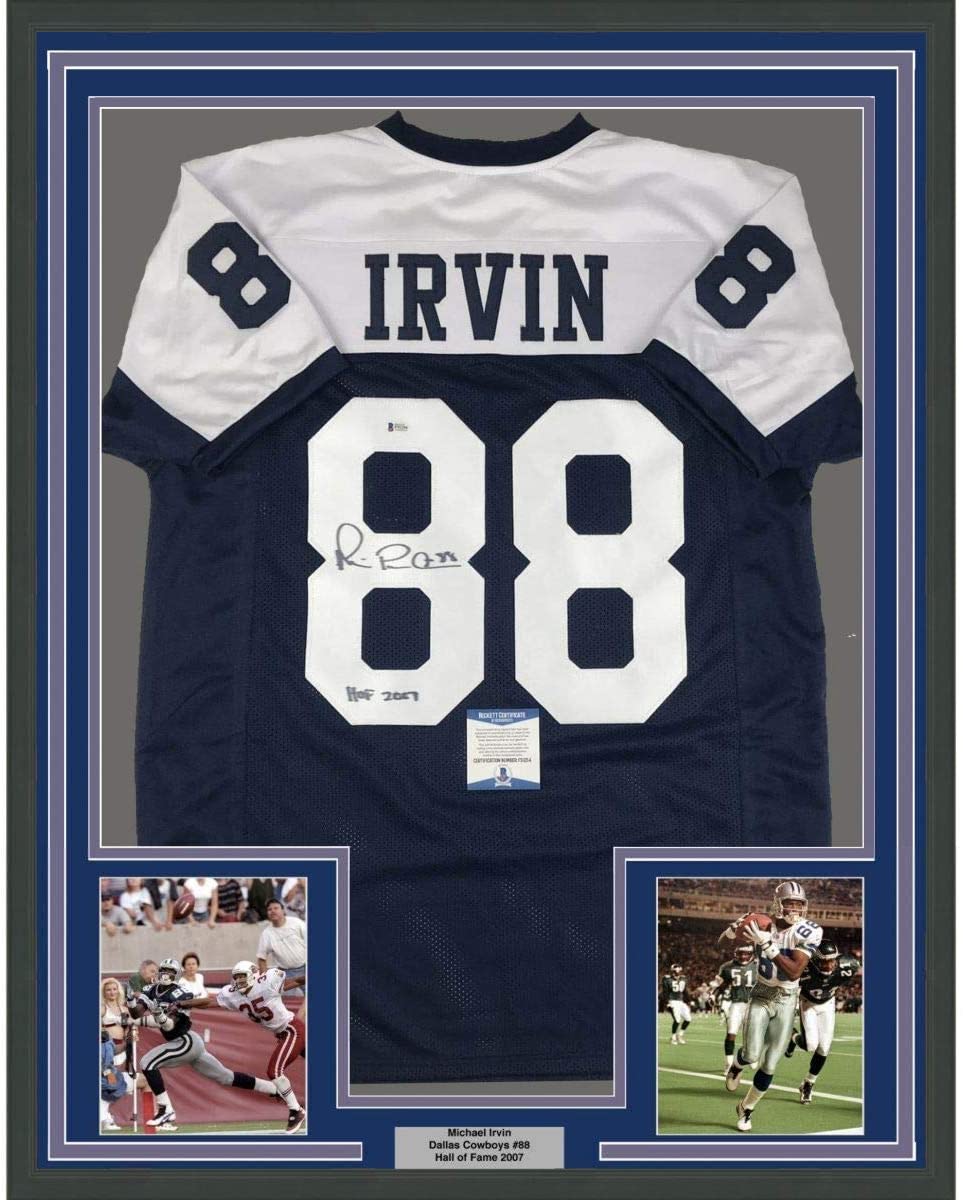 Framed Autographed/Signed Michael Irvin Dallas HOF 2007 35x39 Thanksgiving Day Blue Football Jersey Beckett BAS COA