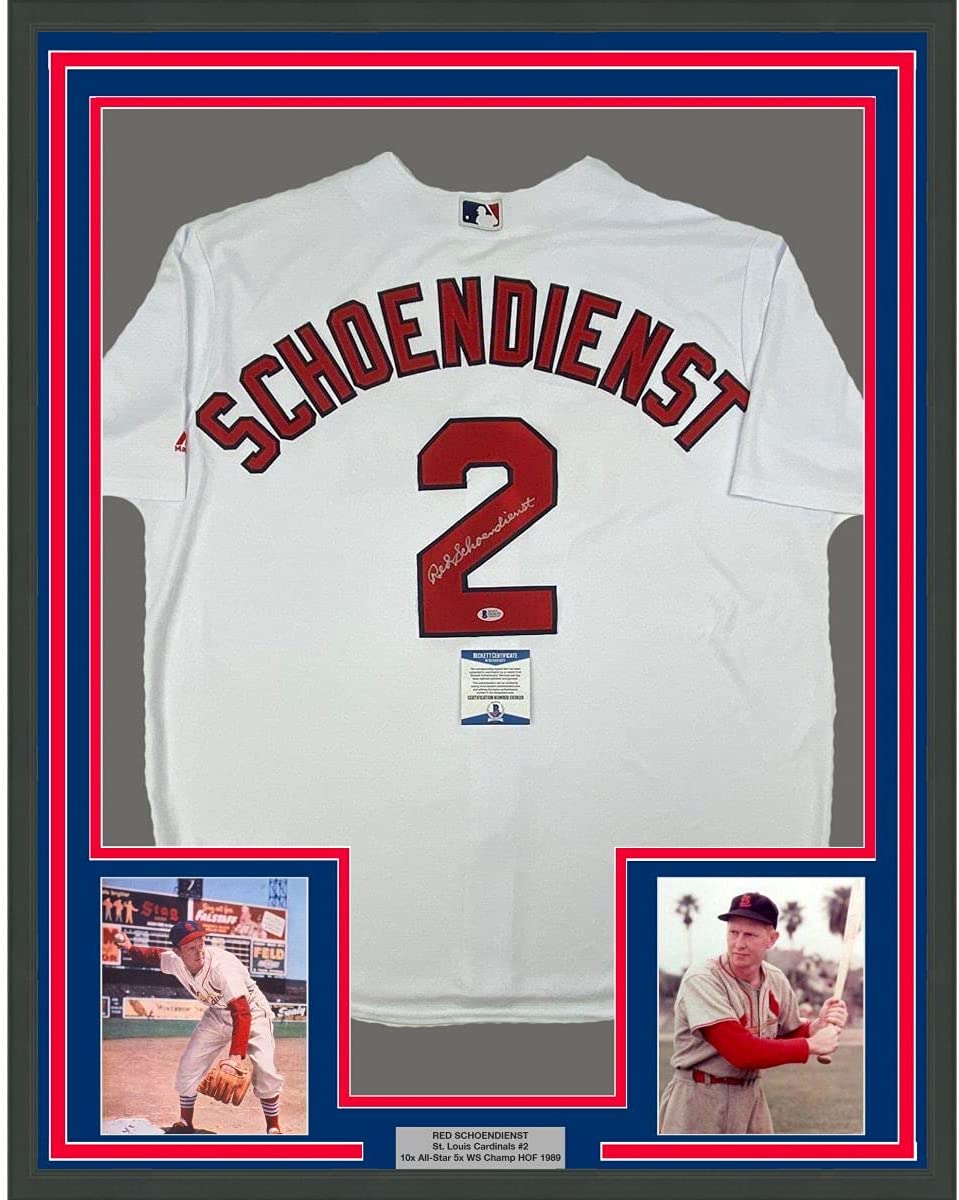 Framed Autographed/Signed Red Schoendienst 35x39 St. Louis White Baseball Jersey Beckett BAS COA