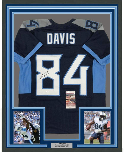 Framed Autographed/Signed Corey Davis 35x39 Tennessee 2018 Dark Blue Football Jersey JSA COA