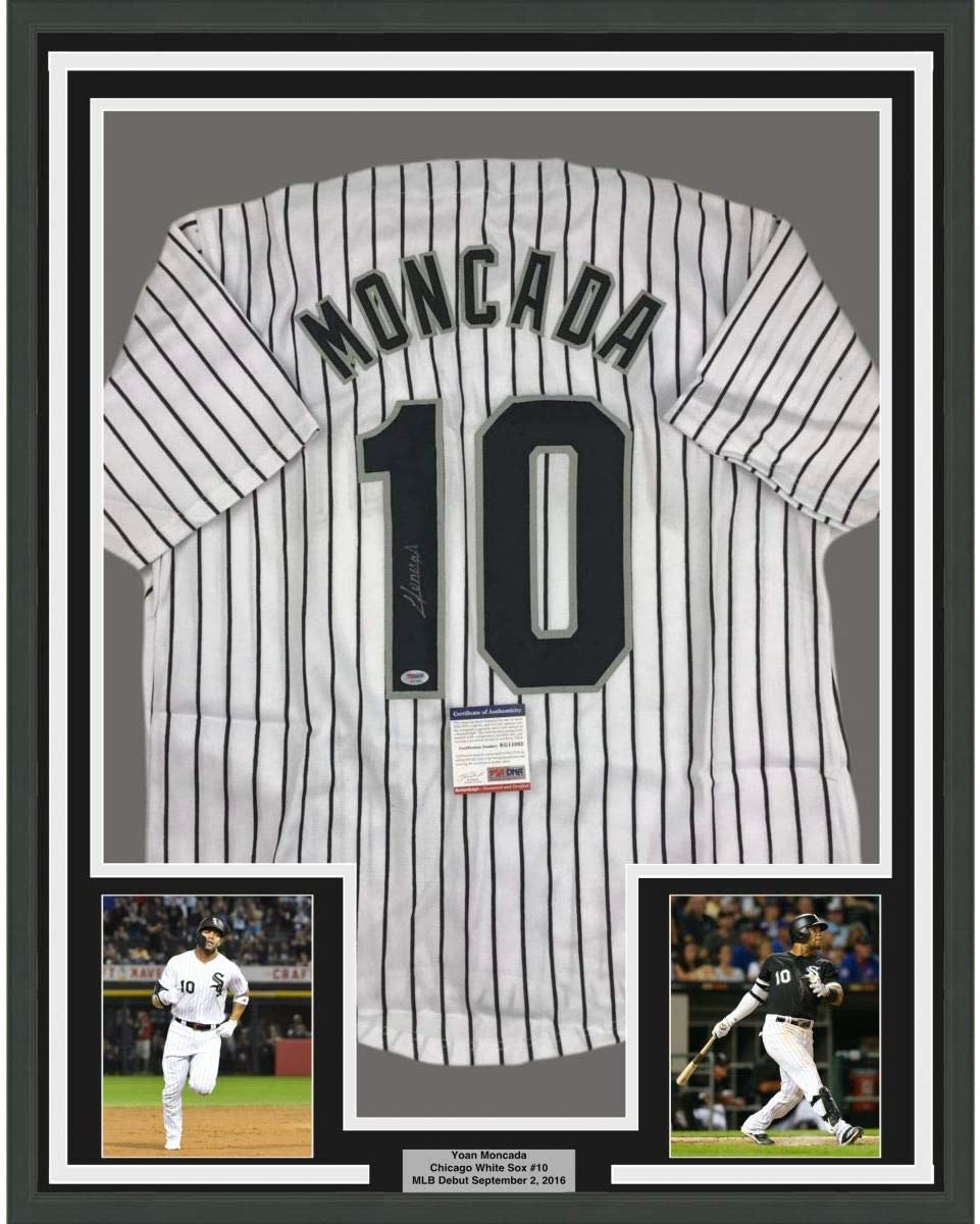 Framed Autographed/Signed Yoan Moncada 35x39 Chicago Pinstripe Baseball Jersey Beckett BAS COA