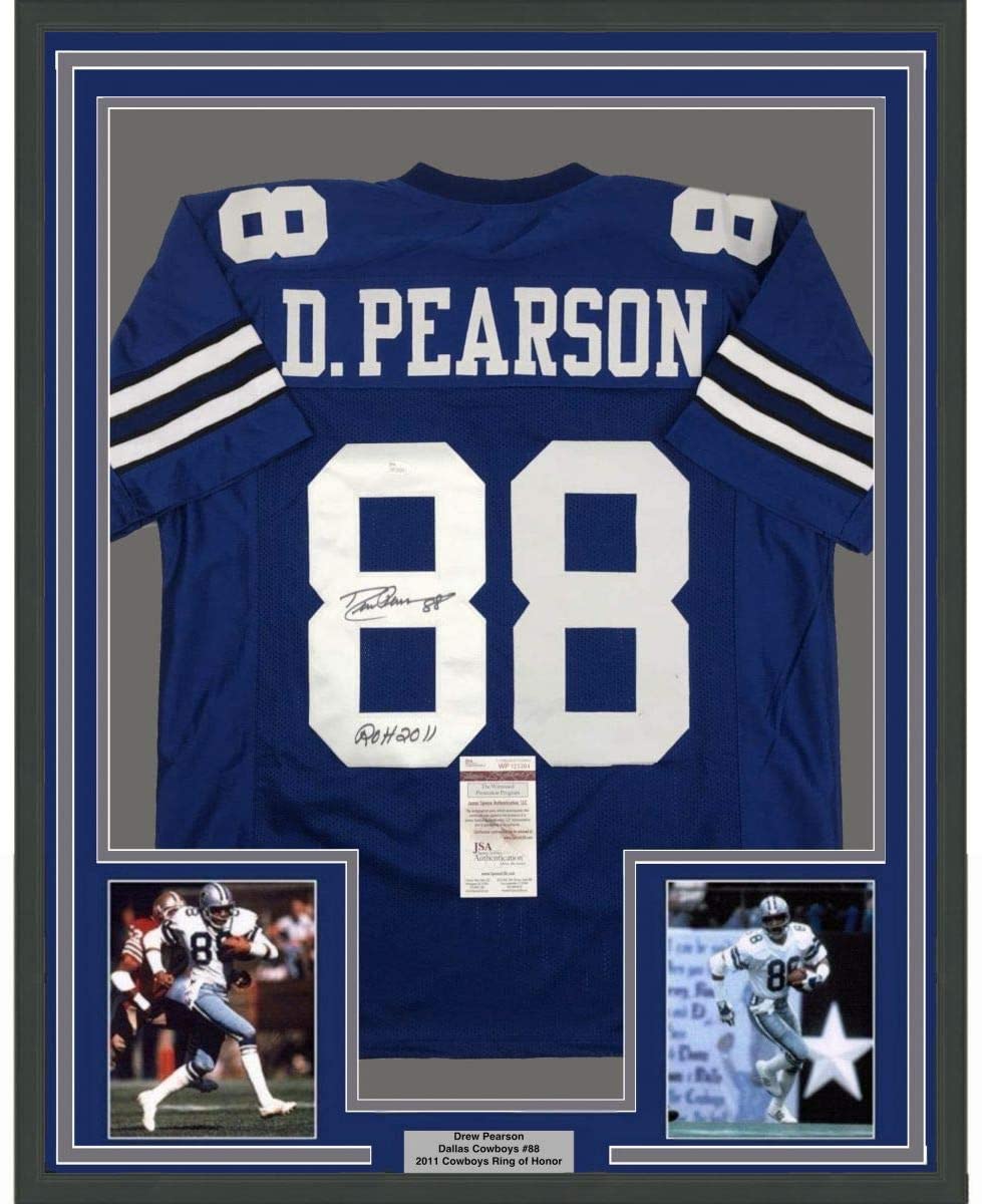 Framed Autographed/Signed Drew Pearson ROH 2011 35x39 Dallas Blue Football Jersey JSA COA