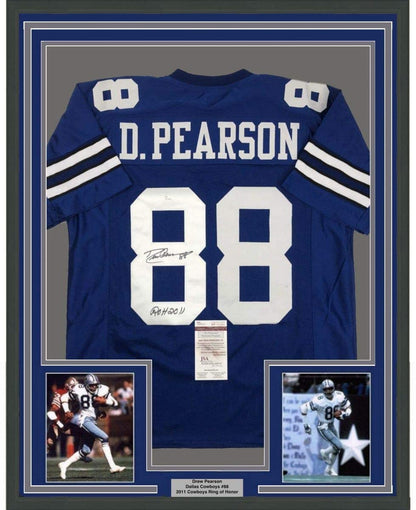 Framed Autographed/Signed Drew Pearson ROH 2011 35x39 Dallas Blue Football Jersey JSA COA