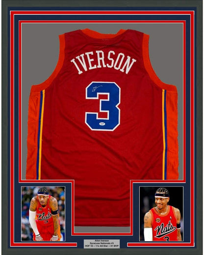Framed Autographed/Signed Allen Iverson 35x39 Syracuse Nationals Nats Red Basketball Jersey PSA/DNA COA
