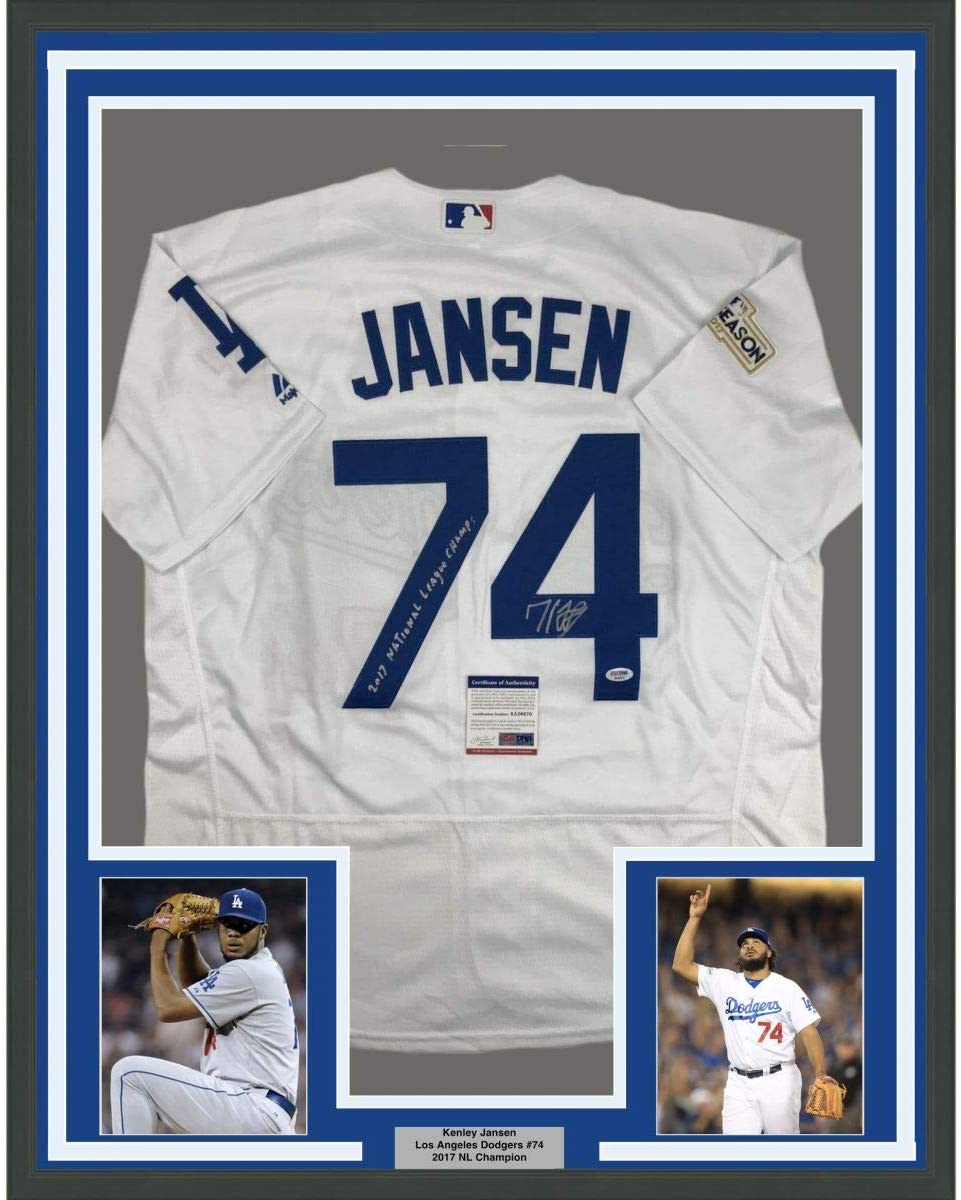 Framed Autographed/Signed Kenley Jansen 35x39 2017 National League Champs Los Angeles LA White Baseball Jersey PSA/DNA COA