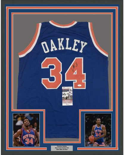 Framed Autographed/Signed Charles Oakley 35x39 New York Blue Basketball Jersey JSA COA