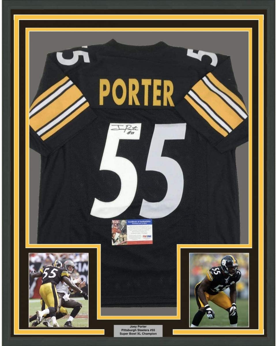 Framed Autographed/Signed Joey Porter 35x39 Pittsburgh Black Football Jersey PSA/DNA COA