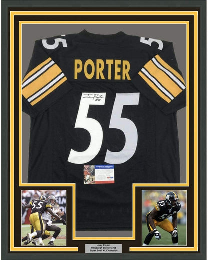 Framed Autographed/Signed Joey Porter 35x39 Pittsburgh Black Football Jersey PSA/DNA COA