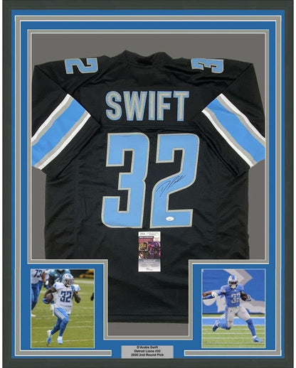 Framed Autographed/Signed D'Andre Swift 35x39 Detroit Black Football Jersey JSA COA