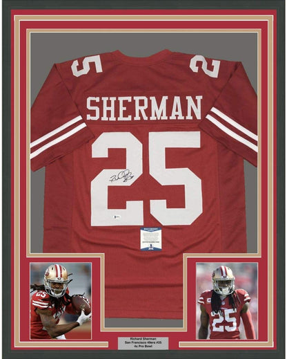 Framed Autographed/Signed Richard Sherman 35x39 San Francisco Red Football Jersey Beckett BAS COA