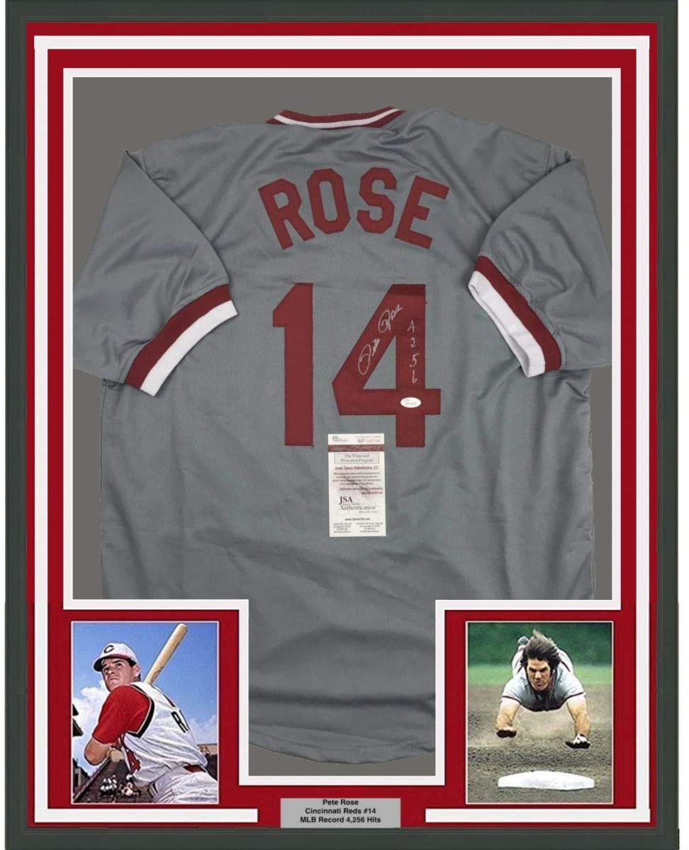 Framed Autographed/Signed Pete Rose 4256 35x39 Cincinnati Grey Baseball Jersey JSA COA