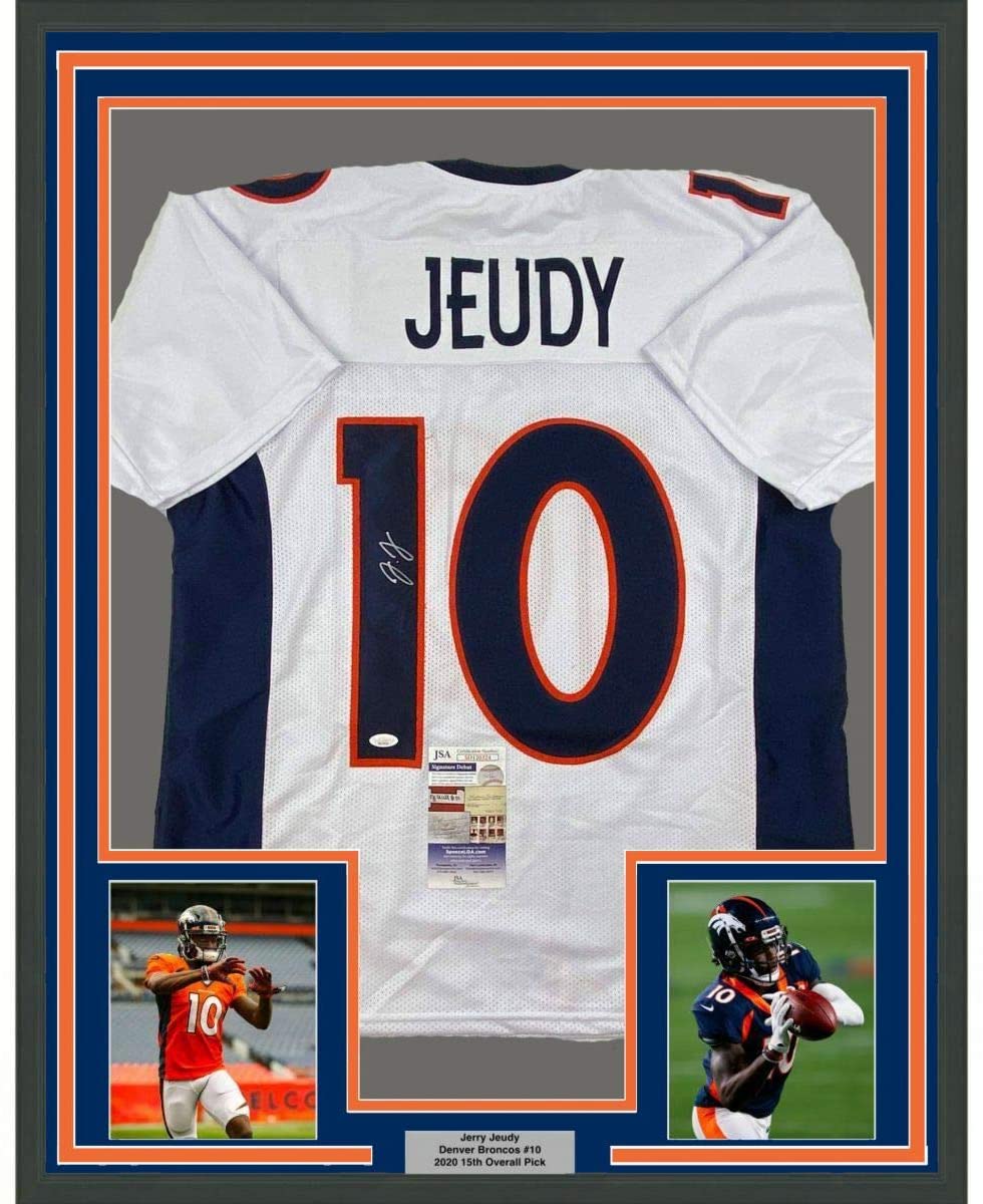 Framed Autographed/Signed Jerry Jeudy 35x39 Denver White Football Jersey JSA COA