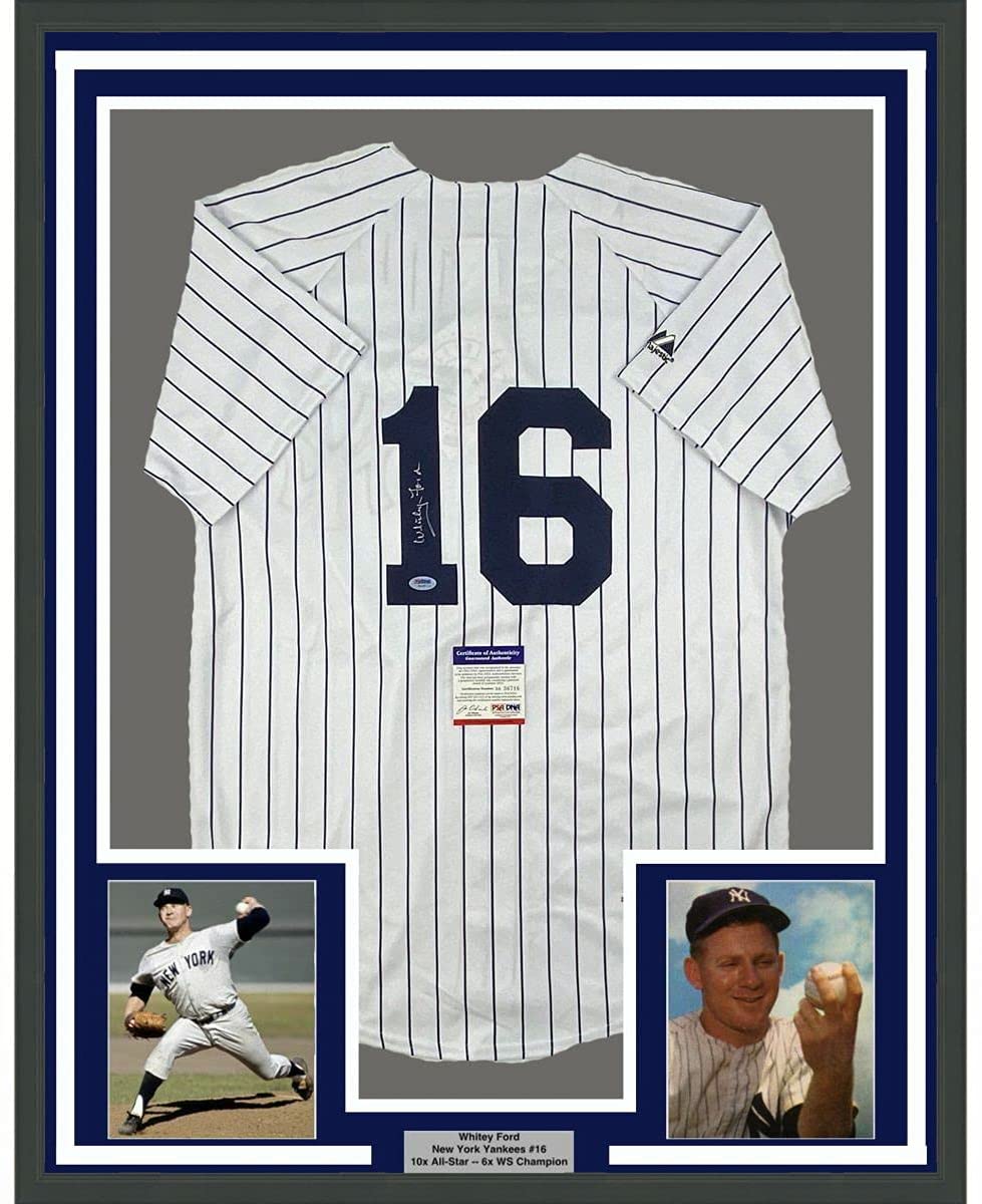 Framed Autographed/Signed Whitey Ford 35x39 New York Pinstripe Baseball Jersey PSA/DNA COA #2