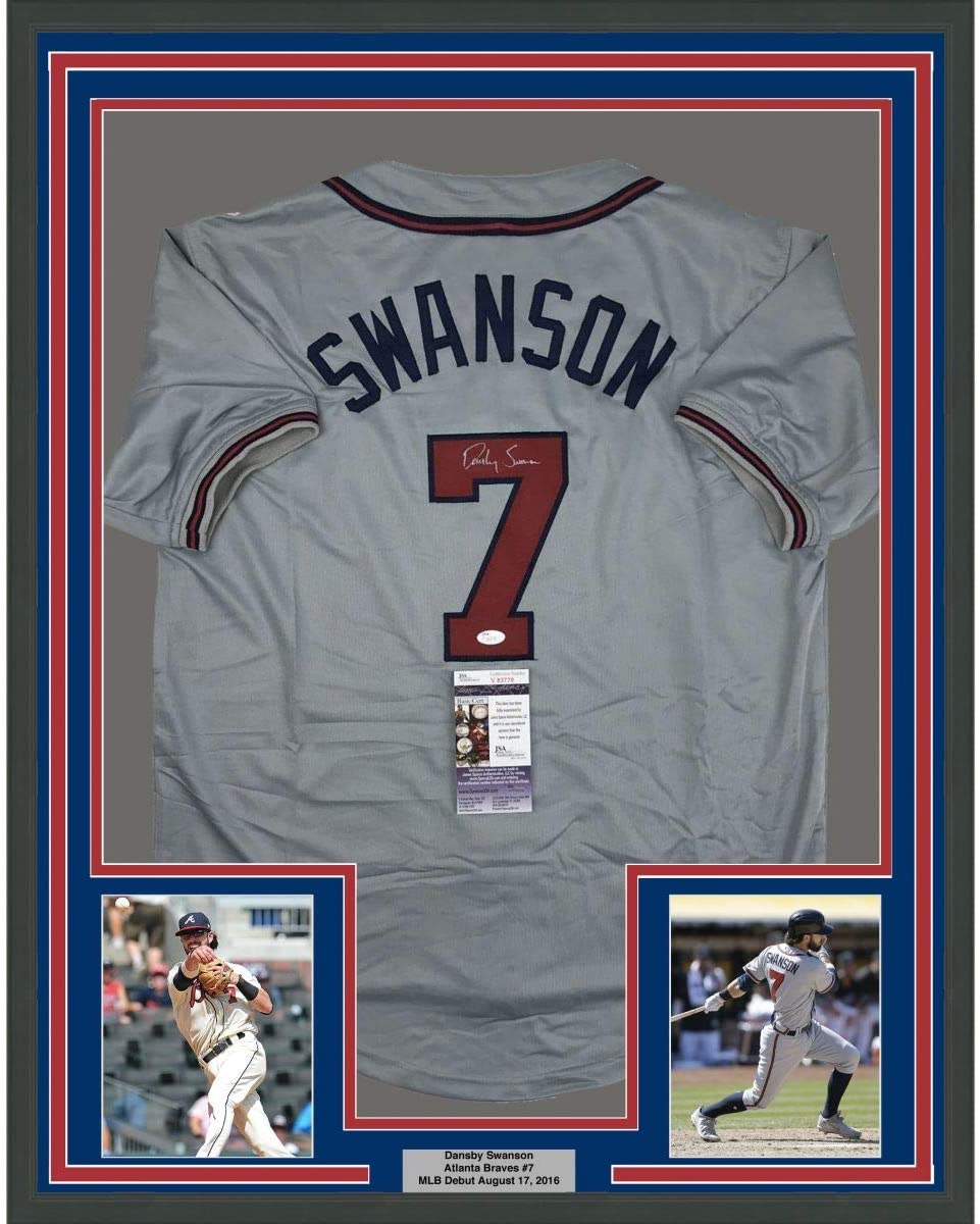 Framed Autographed/Signed Dansby Swanson 35x39 Atlanta Grey Baseball Jersey JSA COA