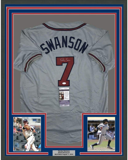 Framed Autographed/Signed Dansby Swanson 35x39 Atlanta Grey Baseball Jersey JSA COA
