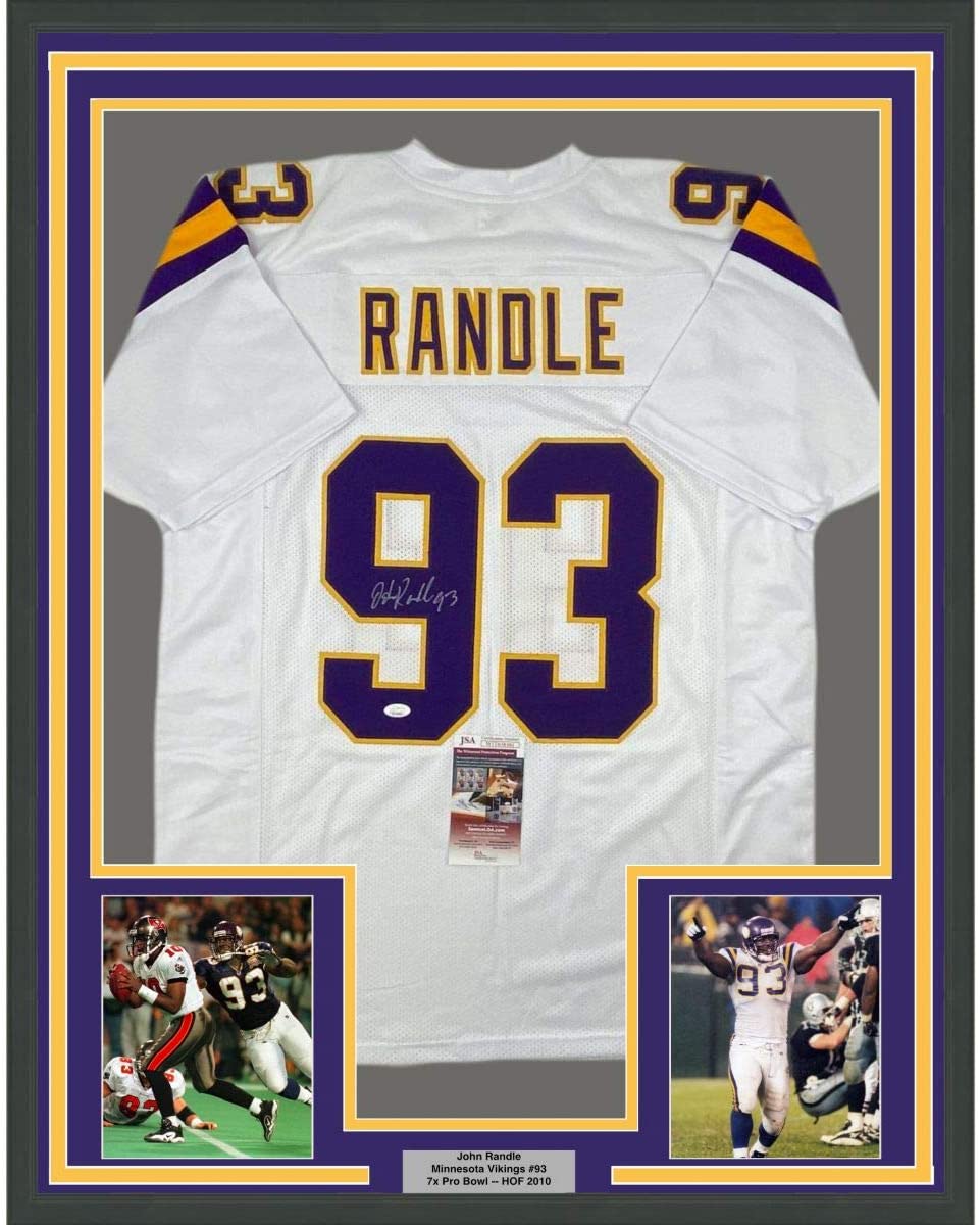 Framed Autographed/Signed John Randle 35x39 Minnesota White Football Jersey JSA COA
