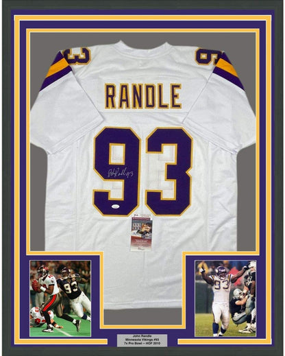 Framed Autographed/Signed John Randle 35x39 Minnesota White Football Jersey JSA COA
