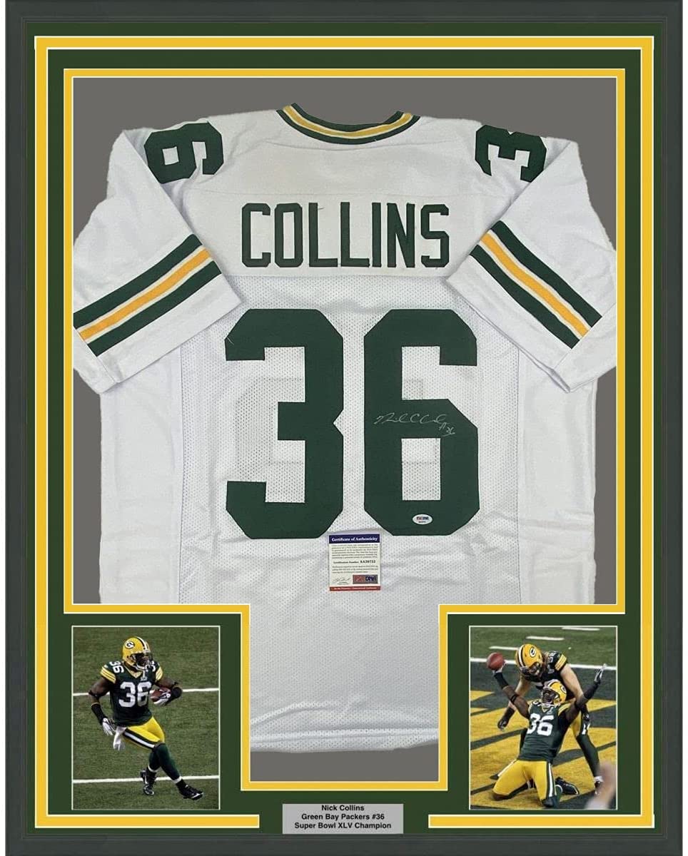 Framed Autographed/Signed Nick Collins 35x39 Green Bay White Football Jersey PSA/DNA COA