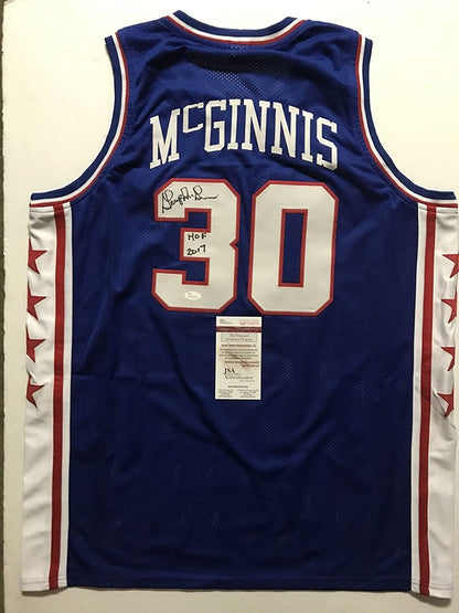 Autographed/Signed George McGinnis"HOF 17" Philadelphia Blue Basketball Jersey JSA COA
