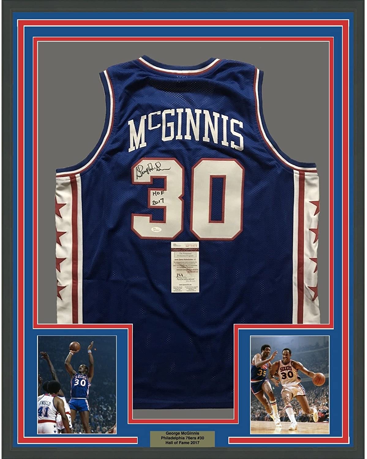 Framed Autographed/Signed George McGinnis"HOF 2017" 35x39 Philadelphia Blue Basketball Jersey JSA COA