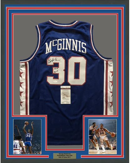 Framed Autographed/Signed George McGinnis"HOF 2017" 35x39 Philadelphia Blue Basketball Jersey JSA COA