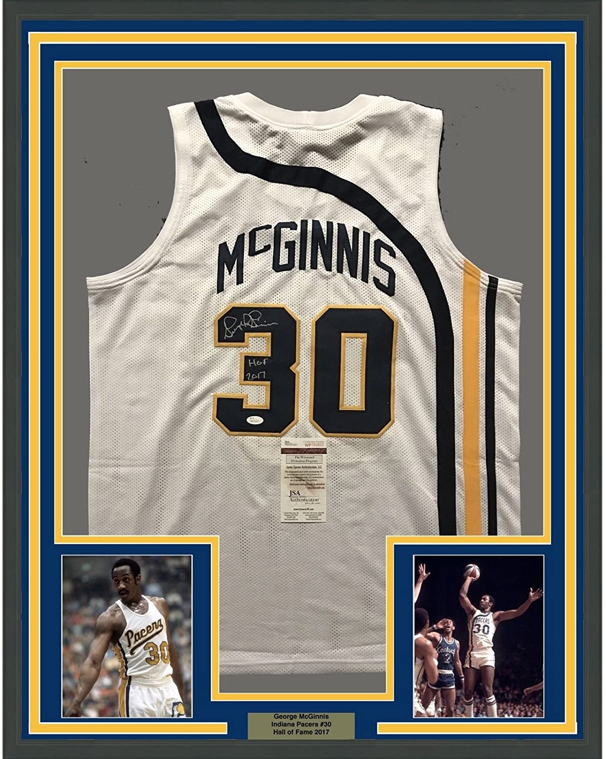Framed Autographed/Signed George McGinnis"HOF 17" 35x39 Indiana White Basketball Jersey JSA COA