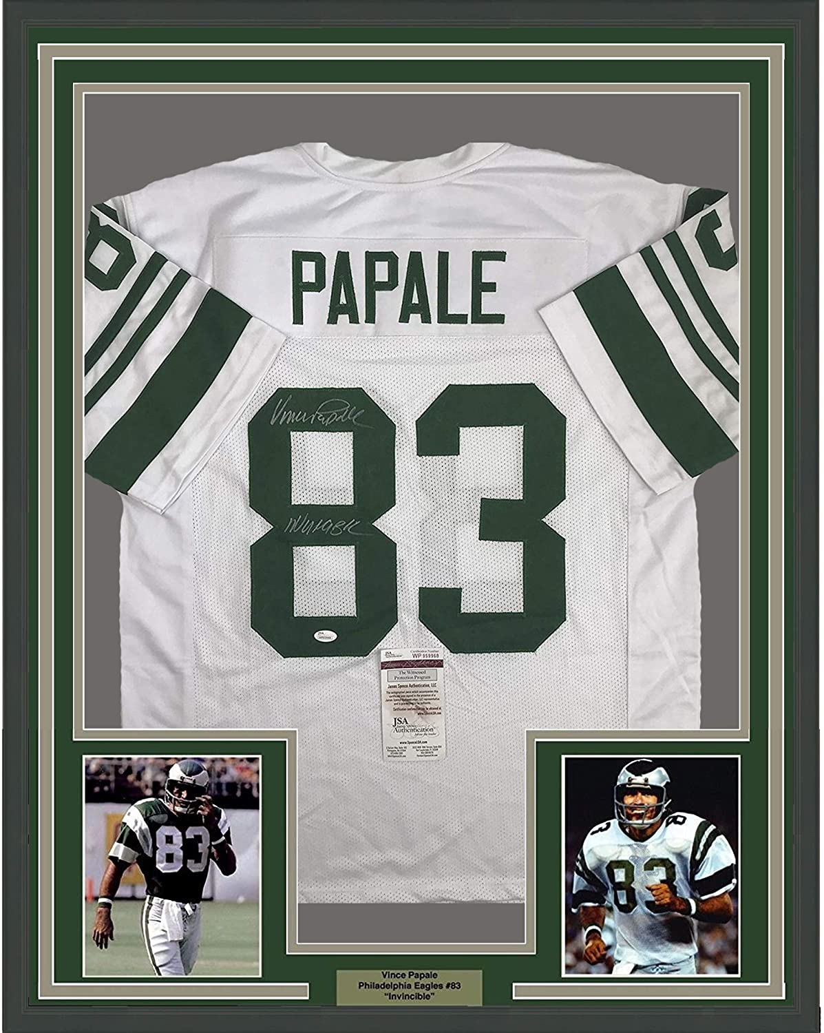 Framed Autographed/Signed Vince Papale"Invincible" 35x39 Philadelphia White Football Jersey JSA COA