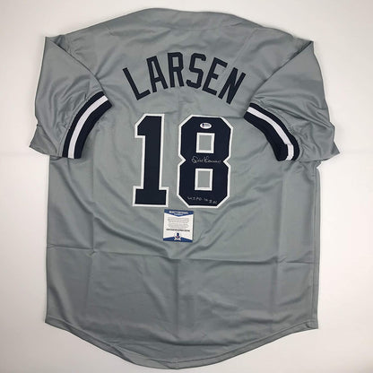 Autographed/Signed Don Larsen"WS PG 10-8-56" New York Grey Baseball Jersey Beckett BAS COA