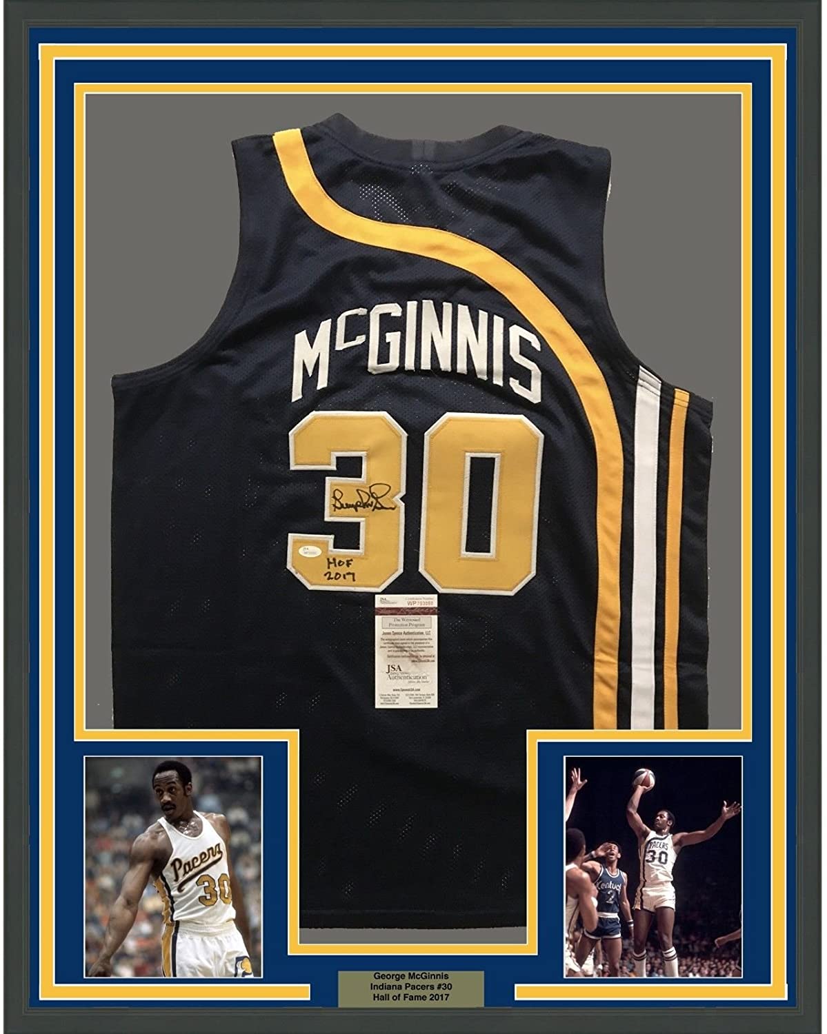 Framed Autographed/Signed George McGinnis"HOF 17" 35x39 Indiana Blue Basketball Jersey JSA COA