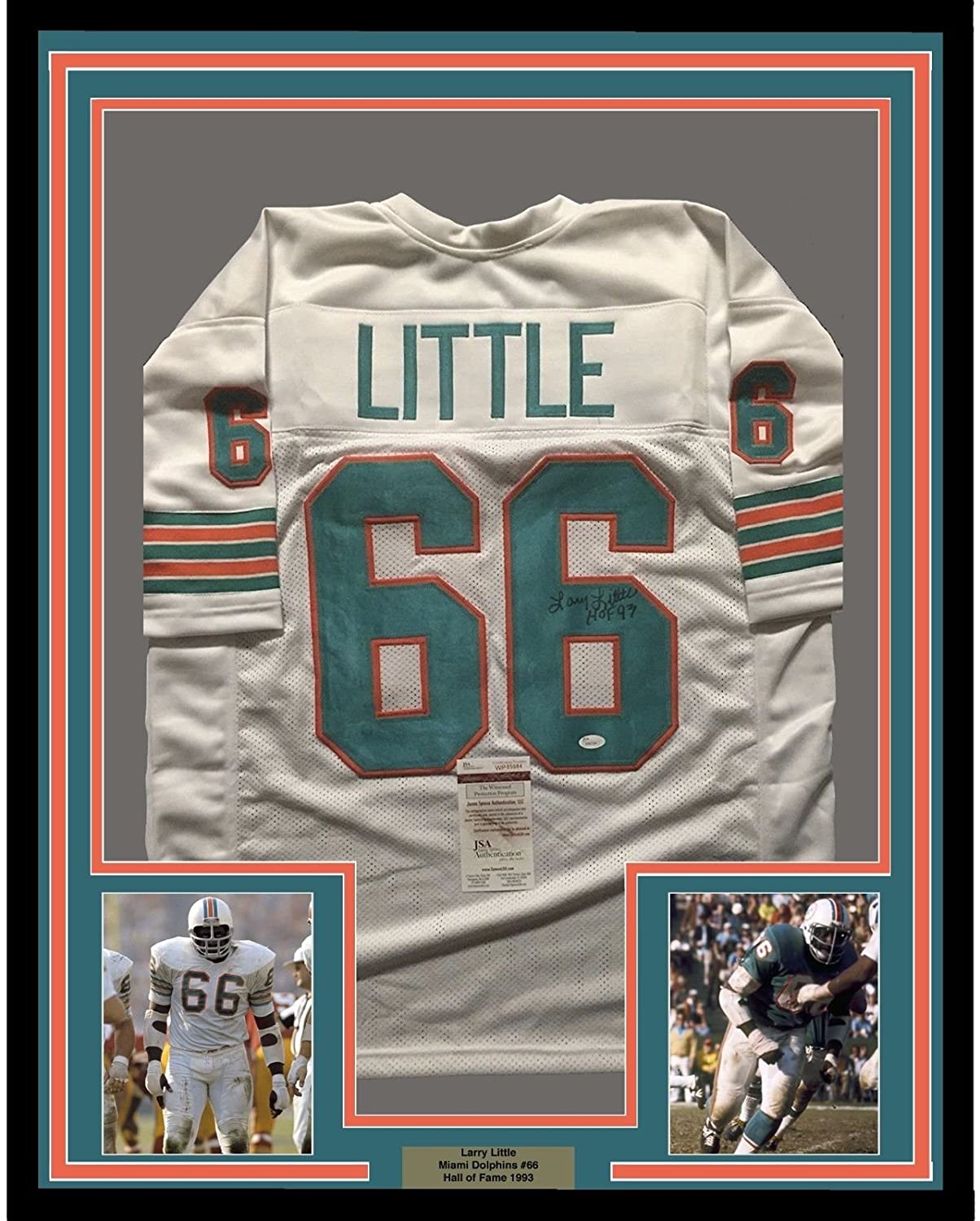 Framed Autographed/Signed Larry Little"HOF 93" 35x39 Miami Dolphins White Football Jersey JSA COA