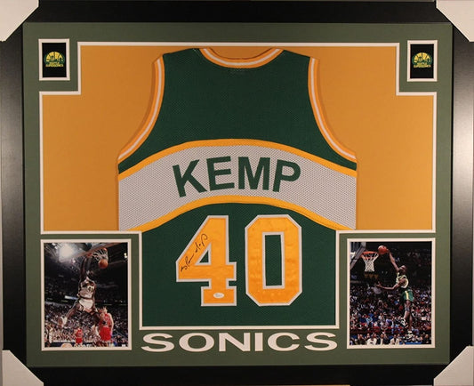 Autographed/Signed Shawn Kemp Framed 35x43 Seattle SuperSonics Green Basketball Jersey JSA COA
