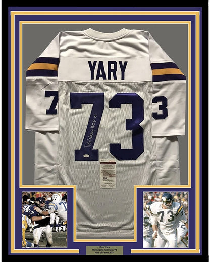 Framed Autographed/Signed Ron Yary"HOF 01" 35x39 Minnesota Vikings White Football Jersey JSA COA