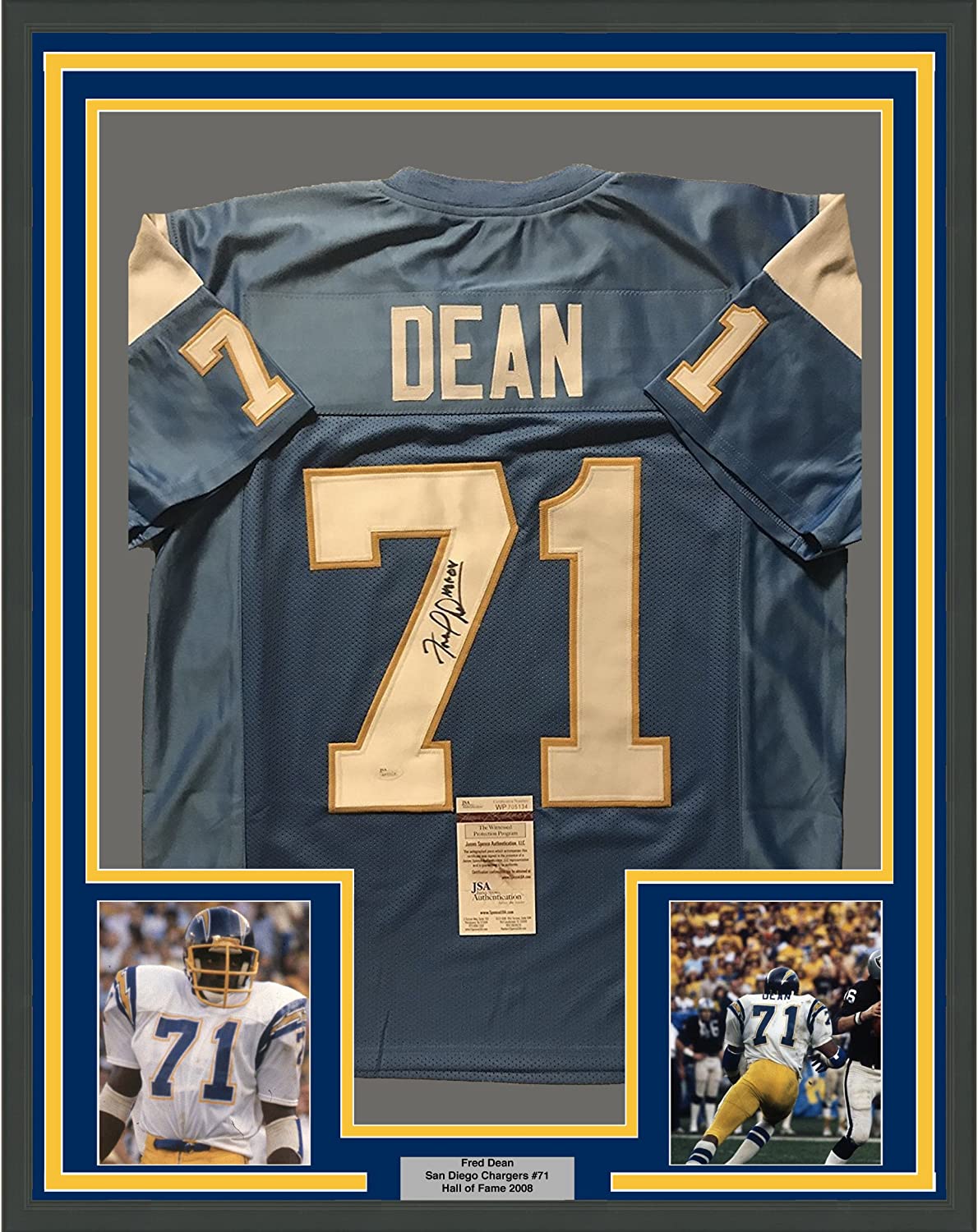 Framed Autographed/Signed Fred Dean"HOF 08" 35x39 San Diego Chargers Powder Blue Football Jersey JSA COA