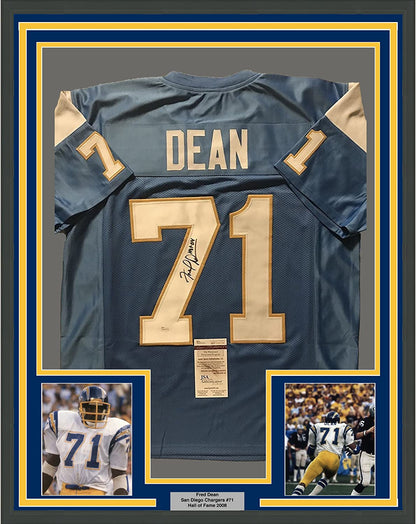 Framed Autographed/Signed Fred Dean"HOF 08" 35x39 San Diego Chargers Powder Blue Football Jersey JSA COA
