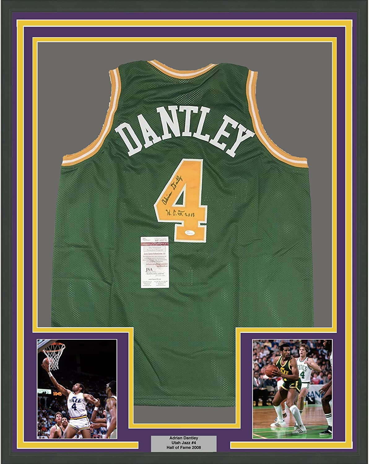 Framed Autographed/Signed Adrian Dantley"HOF 2008" 35x39 Utah Green Basketball Jersey JSA COA