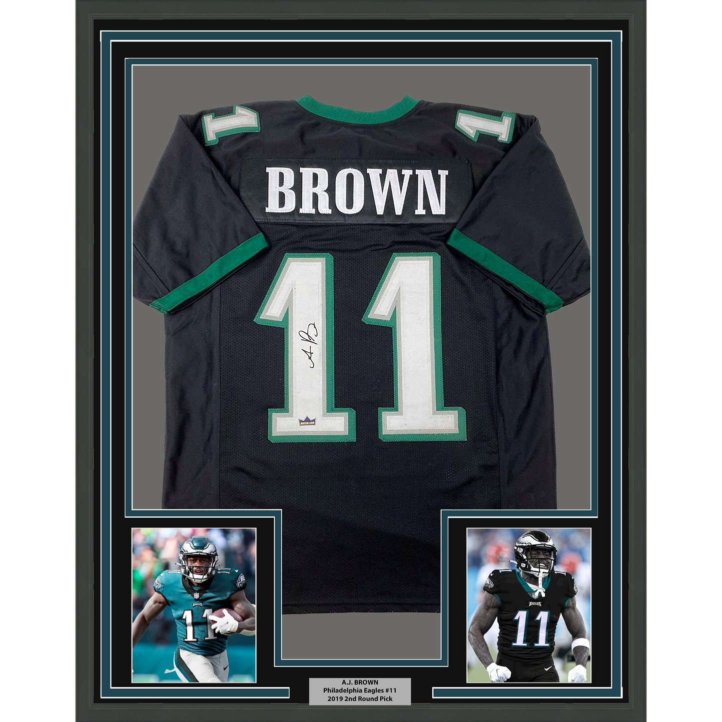 Framed Facsimile Autographed AJ A.J. Brown 35x39 Philadelphia Black Reprint Laser Auto Football Jersey