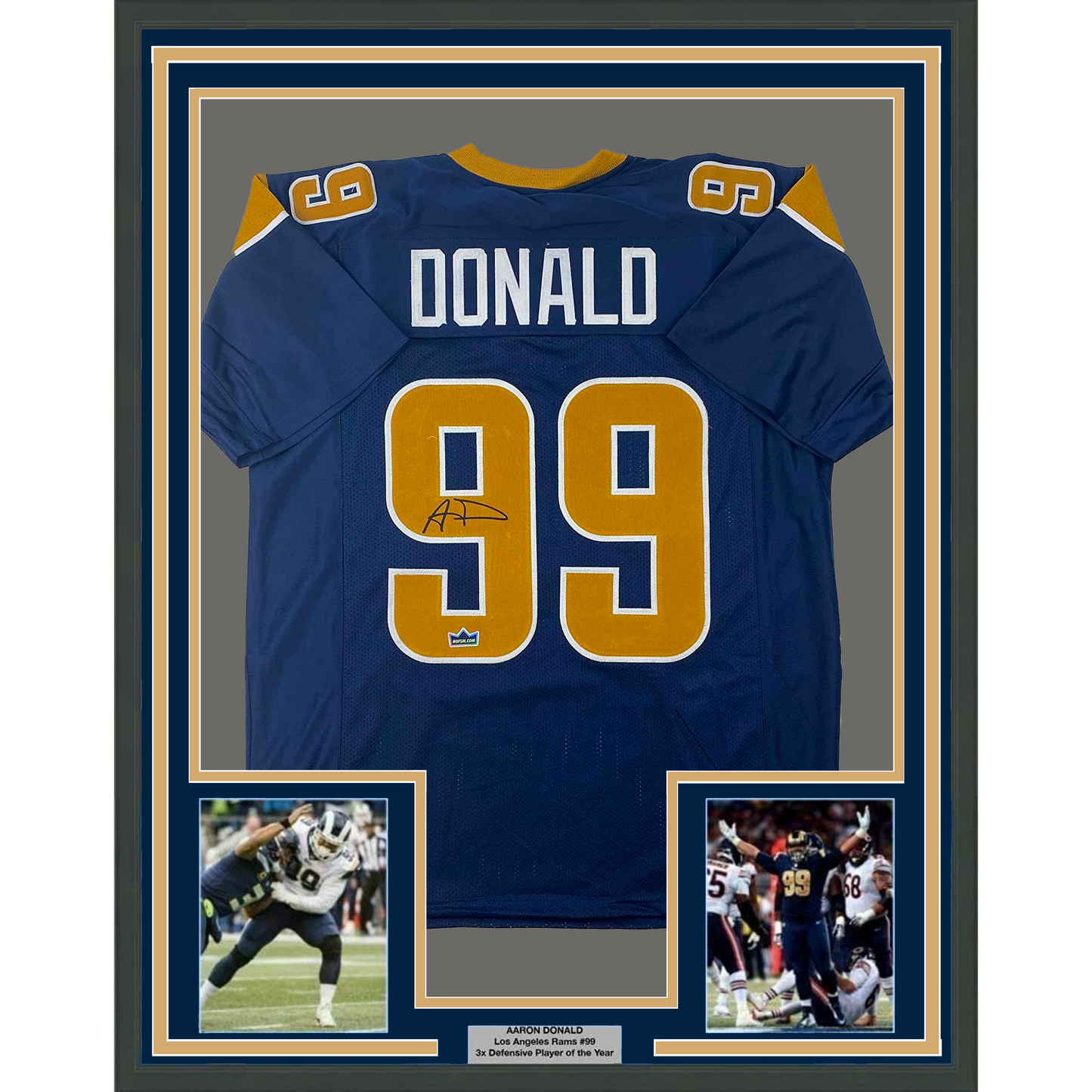 Framed Facsimile Autographed Aaron Donald 35x39 Los Angeles LA Navy Blue Reprint Laser Auto Football Jersey