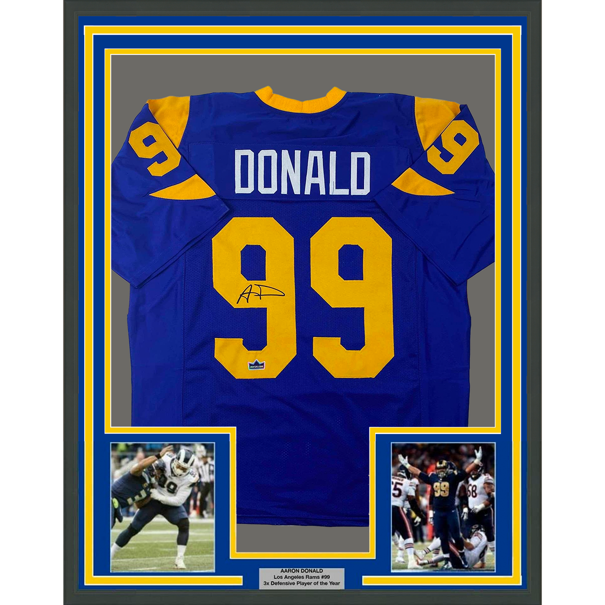 Framed Facsimile Autographed Aaron Donald 35x39 Los Angeles LA Royal Blue Retro Reprint Laser Auto Football Jersey