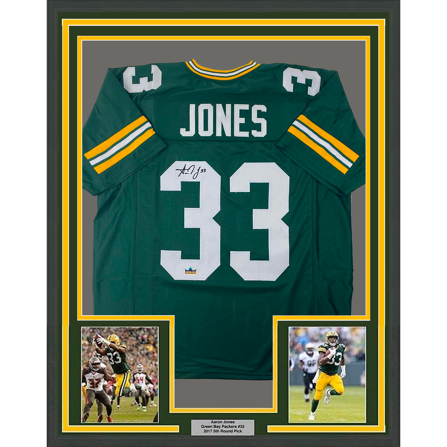 Framed Facsimile Autographed Aaron Jones 35x39 Green Bay Green Reprint Laser Auto Football Jersey