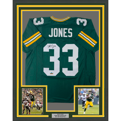 Framed Facsimile Autographed Aaron Jones 35x39 Green Bay Green Reprint Laser Auto Football Jersey